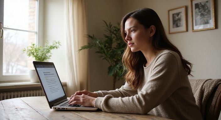 Junge Frau arbeitet konzentriert an ihrem Laptop in gemütlicher Umgebung.