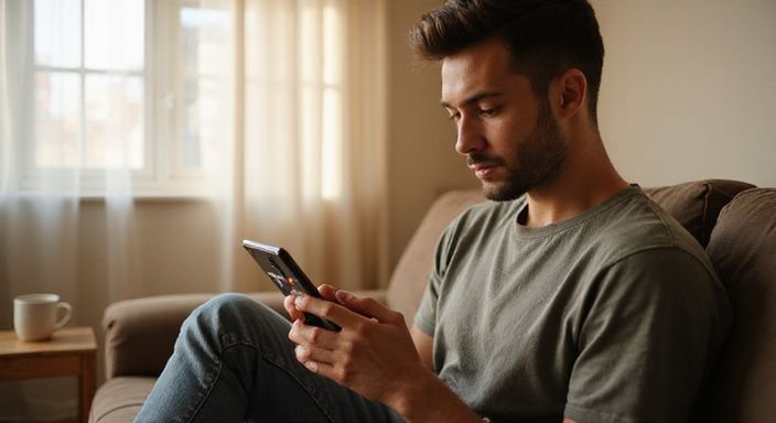 Eine Person nutzt eine Dating-App, entspannt auf einem abgenutzten Sofa.
