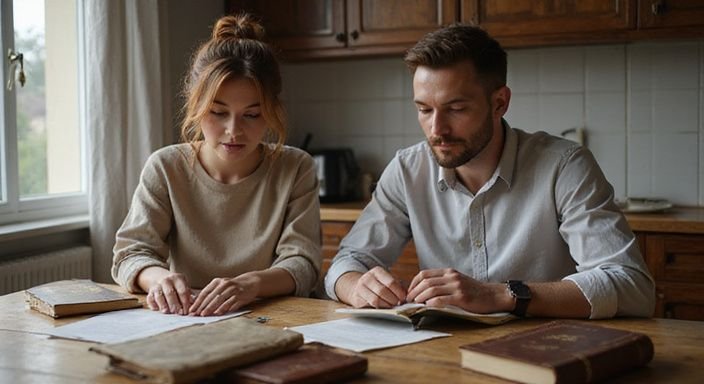 Ein Paar diskutiert konzentriert über österreichisches Sexualrecht am Küchentisch.