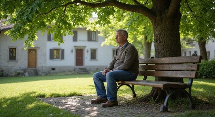 Eine ruhige Parkbank in einem österreichischen Dorf unter Bäumen.