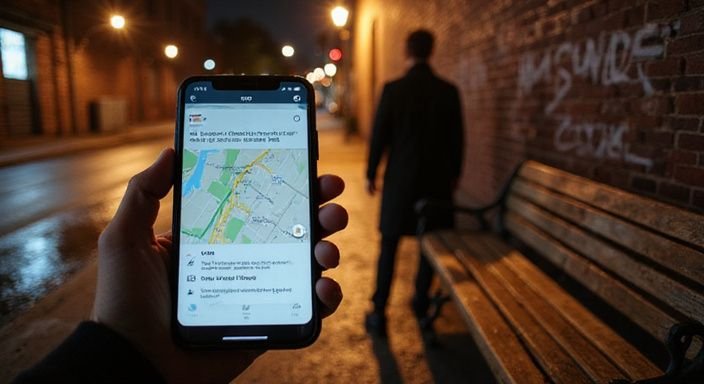 Eine Person wartet an einer Bank in einer städtischen Nachtstraße.