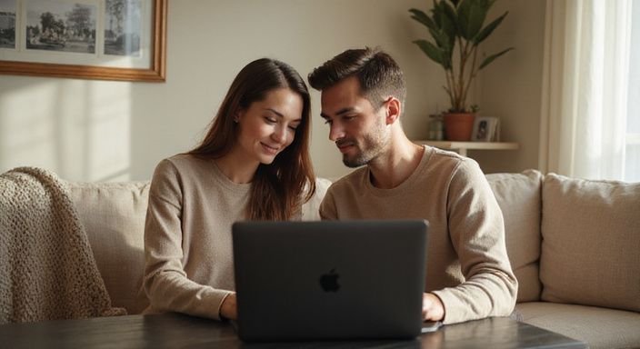 Ein Paar sitzt entspannt auf einem Sofa und schaut auf einen Laptop und suche sexkontakte in Österreich.