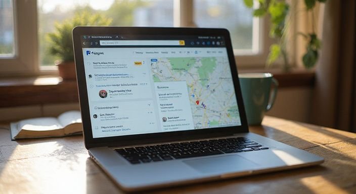 Moderne Laptop-Oberfläche mit Online-Plattform, Kartenservice und Nachrichtenfenster.