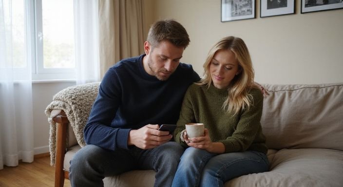 Ein Paar sitzt entspannt auf einem Sofa und nutzt Dating-Apps.