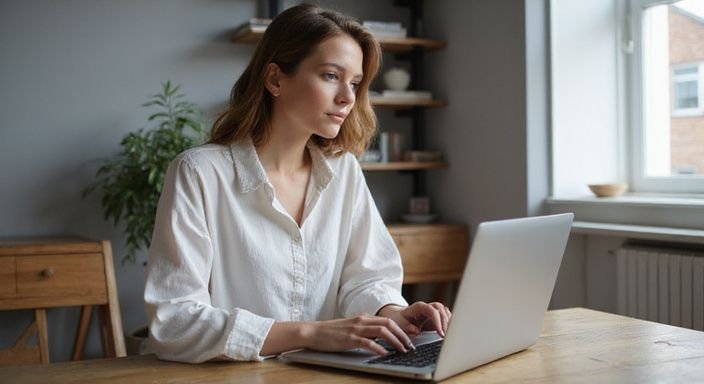 Eine Frau arbeitet konzentriert an ihrem Laptop an einem Schreibtisch.