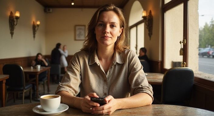 Eine nachdenkliche Frau sitzt allein in einem Wiener Café