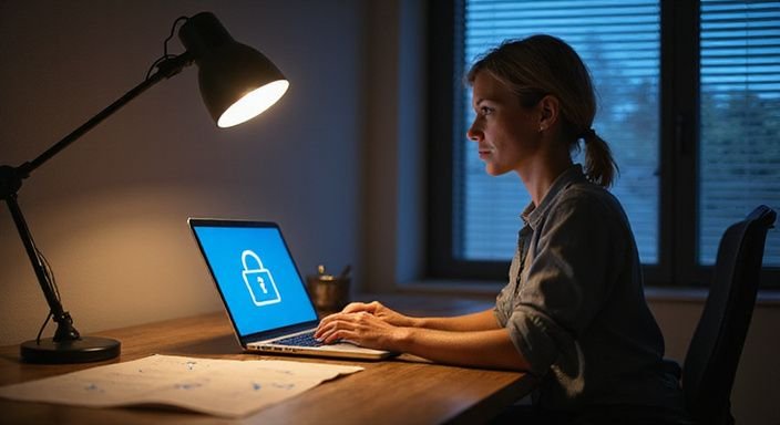 Eine nachdenkliche Frau in einem modernen Homeoffice am Schreibtisch.