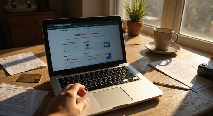Ein Arbeitsbereich mit einem MacBook und Finanzdokumenten für Dating-Abonnements.
