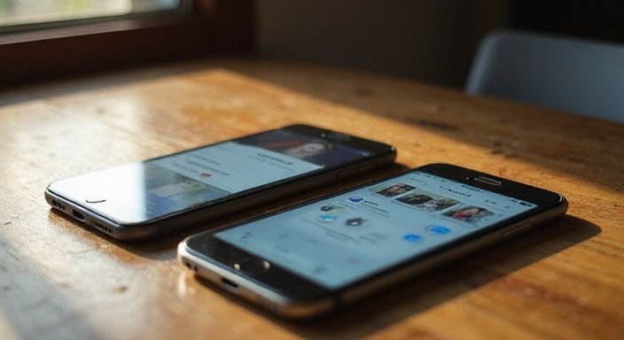 Zwei Smartphones mit verschiedenen Dating-App-Oberflächen auf einem Holzoberfläche.