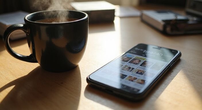 Ein schwarzes Smartphone liegt neben einer Tasse Kaffee auf einem Tisch.