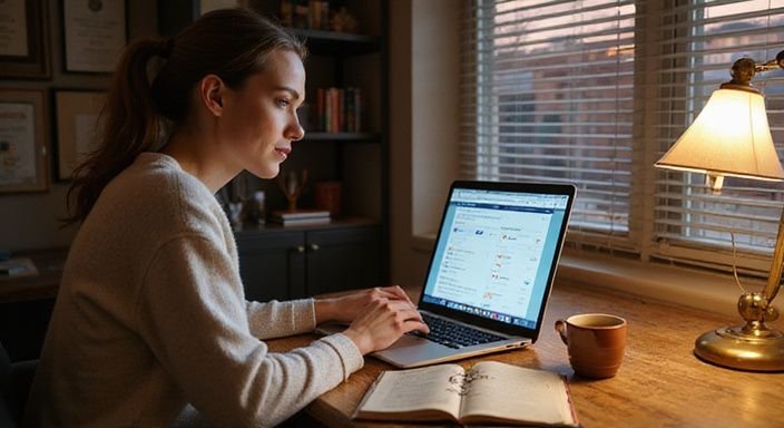 Eine konzentrierte Frau arbeitet an ihrem Laptop in einem Homeoffice.