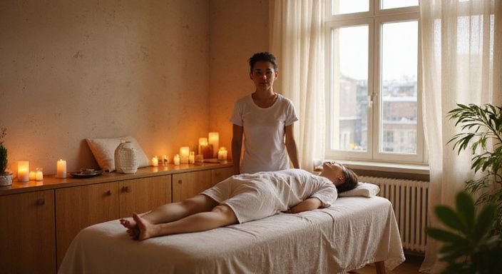 Ein Massagezimmer in einem modernen Wiener Wellnesscenter mit entspannter Atmosphäre.