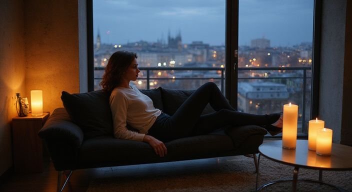 Eine Frau entspannt sich in einem modernen Wohnzimmer und wollen Erotische Kontakte und Sex-Dating in Wien