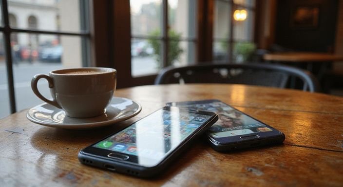 Zwei Smartphones zeigen Dating-Apps für Erotische Kontakte und Sex-Dating in Wien in einem Wiener Café.