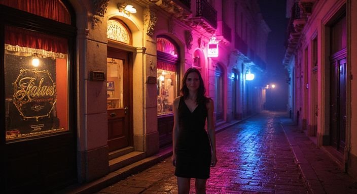 Eine Frau in einem eleganten Cocktailkleid auf einer Wiener Straßenaufnahme.