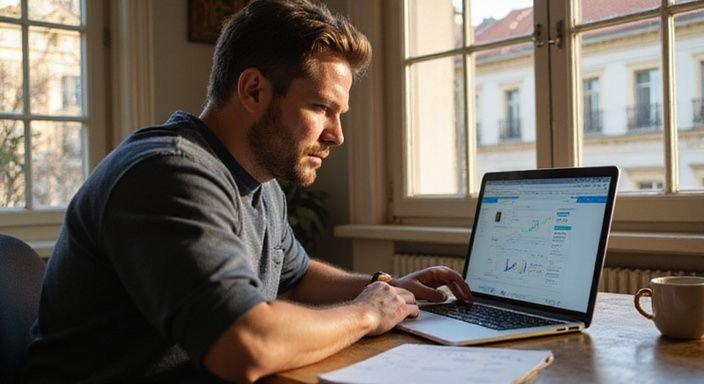 Ein engagierter Mann arbeitet konzentriert an seinem Laptop in Wien.