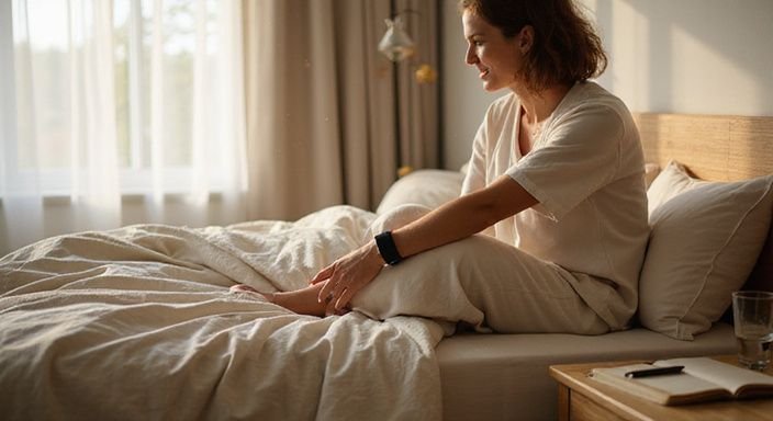 Eine Frau sitzt entspannt auf einem modernen Bett mit Wellness-Elementen.