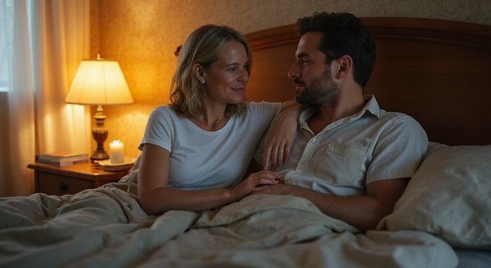 Eine Frau und ein Mann teilen einen intimen Moment im Schlafzimmer.