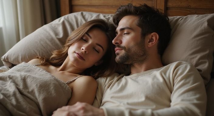 Ein Paar entspannt zusammen im Bett, glücklich und verbunden.