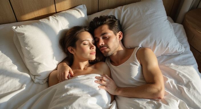Ein entspanntes Paar liegt zusammen in einem Bett.