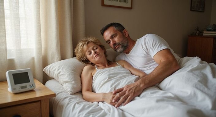 Ein Paar ruht liebevoll und entspannt im Bett zusammen.