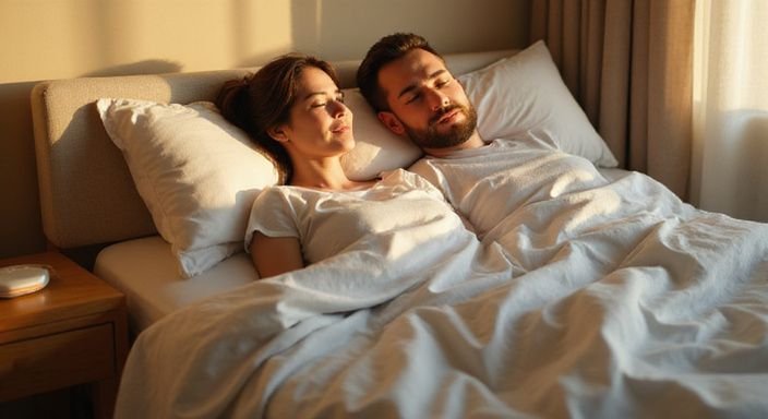 Ein Paar entspannt in einem Bett, umhüllt von weißen Laken.