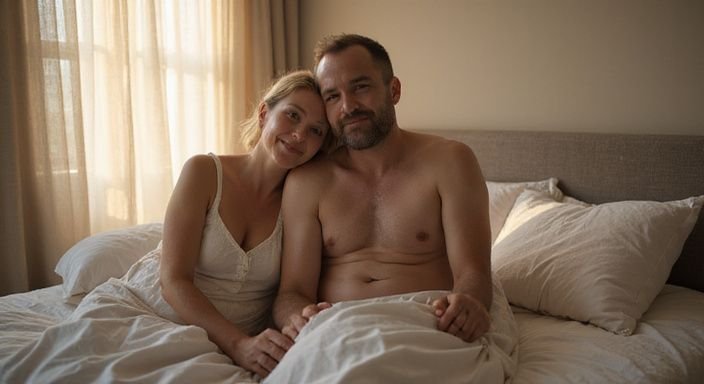 Ein Paar sitzt entspannt auf einem ungemachten Bett und lächelt.