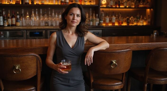 Eine Frau in einem Charcoal Kleid genießt einen Cocktail an der Bar
