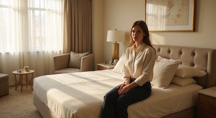 Eine Frau sitzt entspannt auf der Bettkante in einem modernen Hotelzimmer und wollen sexkontakt in Sankt Pölten