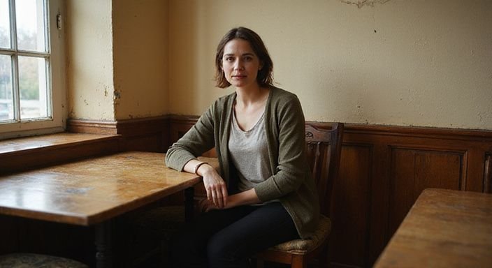 Eine Frau sitzt entspannt in einem historischen Café in Sankt Pölten.