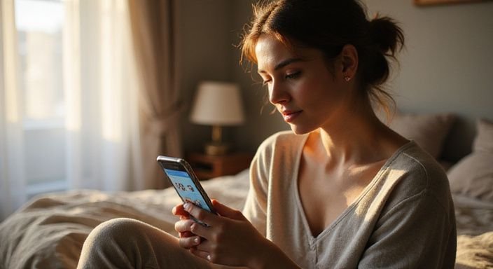 Eine nachdenkliche Frau in einem Schlafzimmer mit Smartphone und Dating-App.
