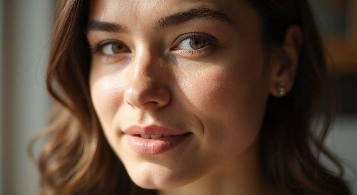 Nahaufnahme eines entspannten Gesichts mit feinen Details und Ausdruck.