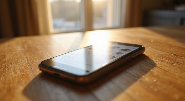 Ein modernes Smartphone liegt auf einem Holztablett mit Kontakten.