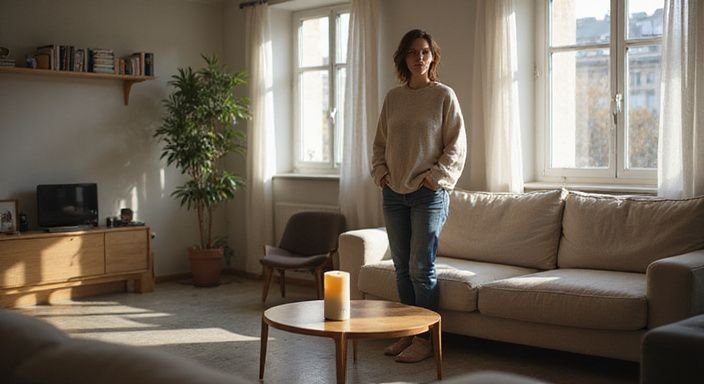 Eine Frau steht entspannt in einem skandinavisch eingerichteten Raum.