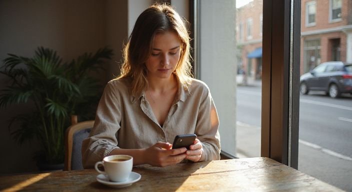 Eine nachdenkliche Frau scrollt in einem Café durch eine Dating-App für sexkontakt in Villach.