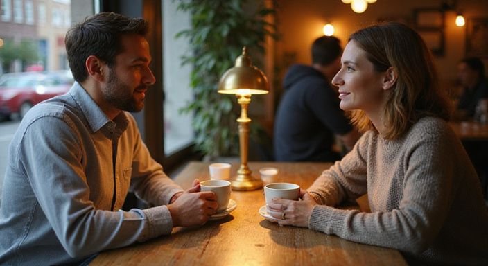 Zwei Menschen in einem Café führen ein intimes Gespräch.