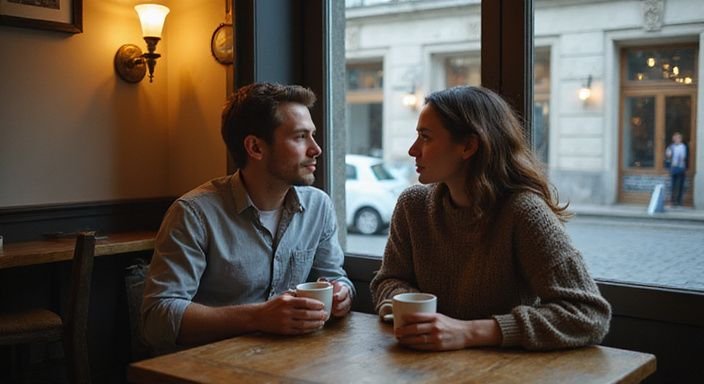 Zwei Menschen in einem Café teilen einen intimen Moment.