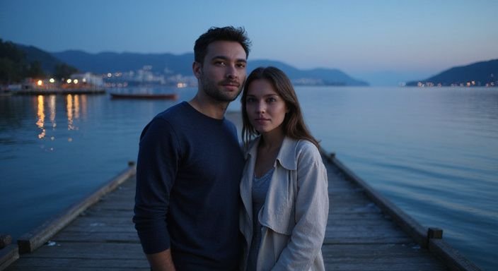 Zwei Erwachsene stehen auf einem alten Dock am Bodensee.