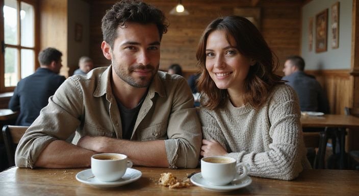 Ein Paar genießt ein entspanntes Gespräch über sexkontakt in Vorarlberg in einem Alpen-Café.