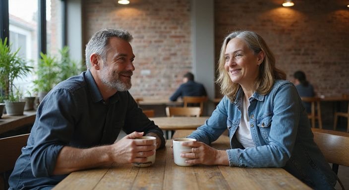 Zwei Erwachsene teilen einen freundlichen Moment in einem Café.