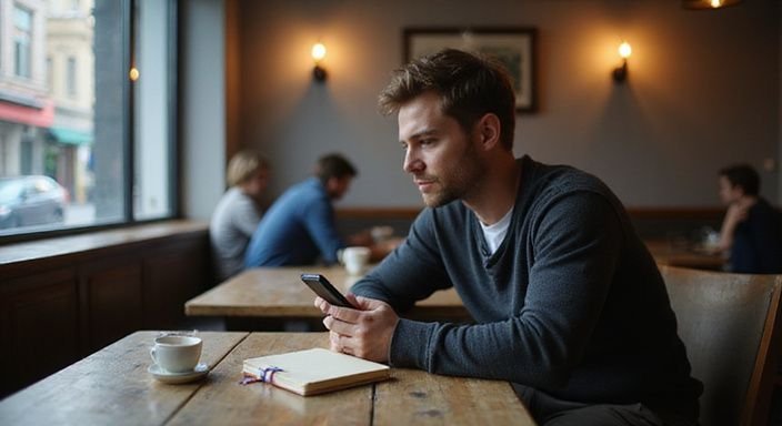 Ein junger Mann sitzt nachdenklich in einem Café und nutzt sein Smartphone.