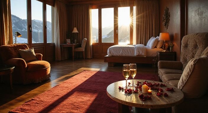 Luxuriöse Alpinhotel-Suite mit elegantem Interieur und röhrenförmigem Ambiente.