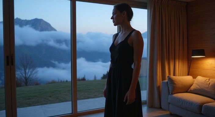 Eine nachdenkliche Frau in einem eleganten schwarzen Kleid steht im Hotelzimmer.