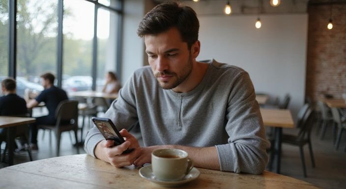 Eine nachdenkliche Person sitzt allein in einem minimalistischen Café suchesexkontakte in SalzburgerLand.