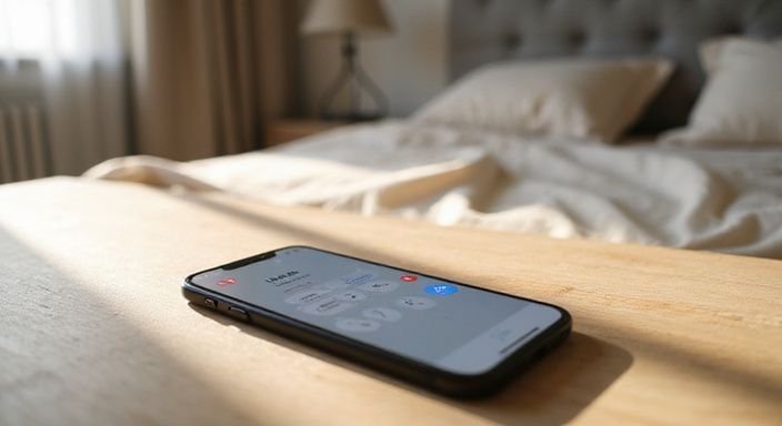 Ein iPhone 14 Pro zeigt eine Dating-App auf einem minimalistischen Tisch.