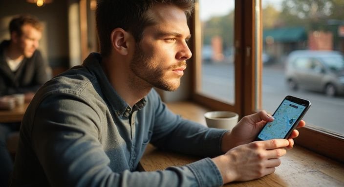 Ein konzentrierter Mann nutzt sein Smartphone in einem Café.