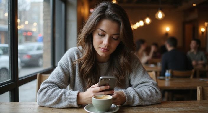 Eine Frau studiert konzentriert ihr Smartphone in einem Café und suche sichere zuverlassige sexdates.