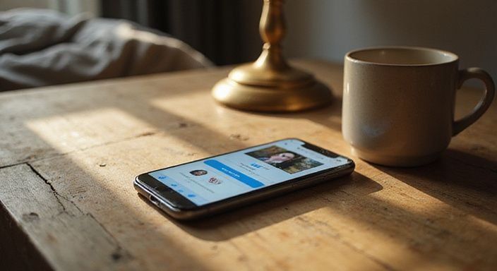Ein Smartphone zeigt ein Dating-App-Interface auf einem Holztisch.