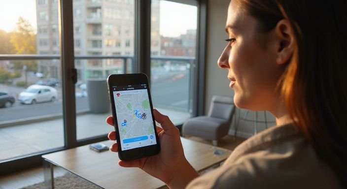 Eine Person nutzt eine Dating-App für sichere zuverlassige sexdates an einem minimalistischen Schreibtisch.