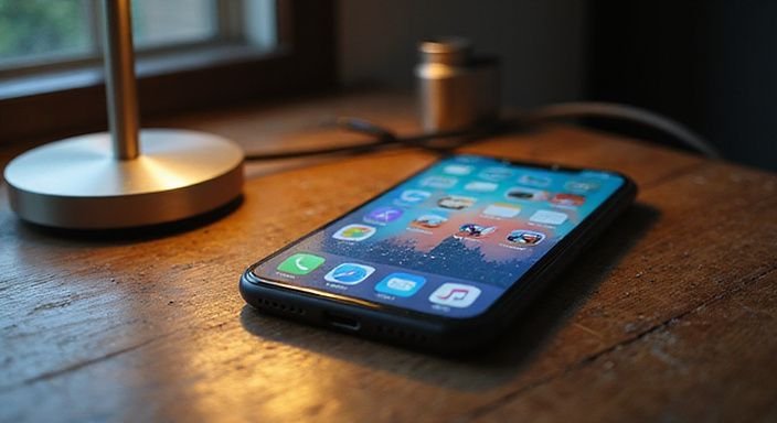 Ein Smartphone zeigt ein Dating-App-Interface auf einem Holzschreibtisch.